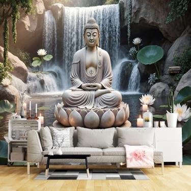 Imagem de Murais de parede de tamanho personalizado, estátua de Buda lagoa de lótus nenúfares tecido de parede autoadesivo à luz de velas (sem PVC) papel de parede grande removível para sala de estar, quarto