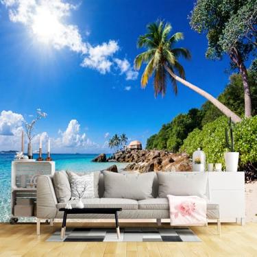 Imagem de Murais de parede de tamanho personalizado, praia tropical turquesa oceano palmeiras tecido de parede autoadesivo cabana de palha (sem PVC) papel de parede grande removível para sala de estar, quarto