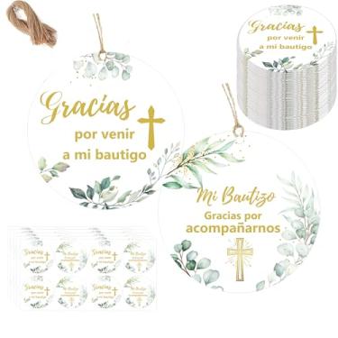 Imagem de Etiquetas de agradecimento espanholas Gracias e cartão Mi Bautizo 96 peças folha dourada etiquetas de lembrancinha de batismo religioso com cruz de cordão Thank You God Blessed Gift Tag para