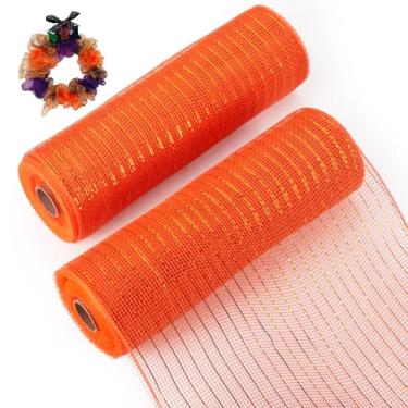 Imagem de KISSITTY Fitas de malha decorativas, 26 cm de largura, folha metálica, cor laranja escura, fita para artesanato, 2 rolos para grinalda DIY, casamento, Natal, Ação de Graças, decoração de festa em casa