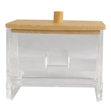 Imagem de Porta Cotonete com Tampa de Bambu, Organizador de Hastes Flexíveis em Acrílico Transparente, Design Moderno com Compartimentos