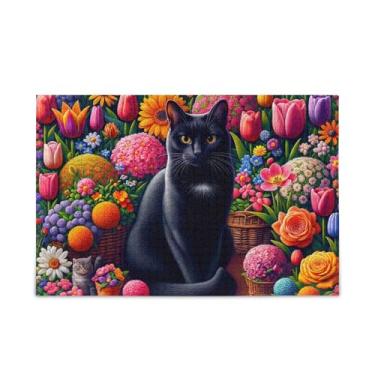 Imagem de Quebra-cabeças de 1000 peças de gato preto com imagens de flores coloridas, quebra-cabeças compostos de papel e madeira para adultos com bolsa de armazenamento