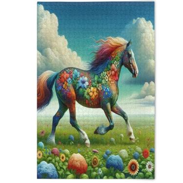 Imagem de Quebra-cabeças 500 peças para adultos arte de cavalo colorido jogo de tecnologia animal presentes natureza grandes quebra-cabeças impressão animal decoração de arte, 500 peças, 52 cm x 37,8 cm