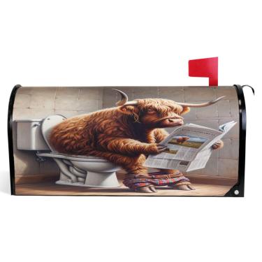 Imagem de TSENQUE Capas de caixa de correio magnéticas decorativas de vinil capa de caixa de correio outono engraçado vaca highland moderna caixa de correio decoração de jardim tamanho grande 64,5 x 52,8 cm