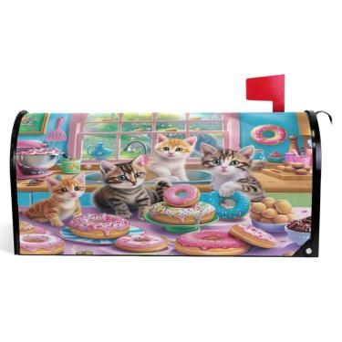 Imagem de TSENQUE Capas decorativas para caixa de correio magnética, gatos fofos com donuts, caixa de correio de outono, vinil, decoração moderna, caixa de correio, tamanho grande, 64,5 x 52,8 cm