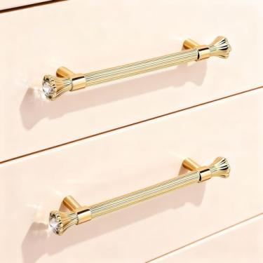 Imagem de BEIUTAO Pacote com 8 puxadores de armário de cozinha dourados, puxadores de gaveta de cômoda de cristal, puxadores de armário de banheiro modernos, ferragens de cozinha para armários, puxador de liga