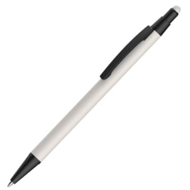 Imagem de Caneta esferográfica em metal Emborrachada com ponta touch escrita em azul. (Branco)