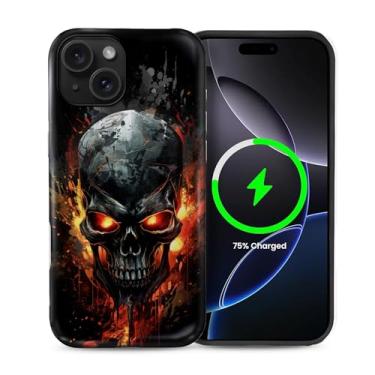Imagem de Punmada Capa para iPhone 15 para MagSafe, capa híbrida rígida à prova de choque de silicone para iPhone 15 Capa protetora fosca preta legal com estampa de chamas de caveira