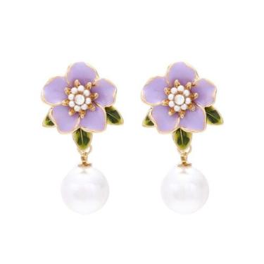 Imagem de L1918-Brinco Pérola Flor Pendente Lilás Rosa Festa Debutante Princesa 
