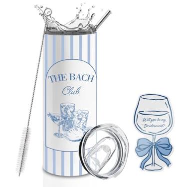 Imagem de BUZCOZY Cartão de pedido de dama de honra e conjunto de copo de 590 ml, copo isolado para despedida de solteira The Bach Club com canudo e tampa, presente Will You Be My Bridesmaid para chá de panela