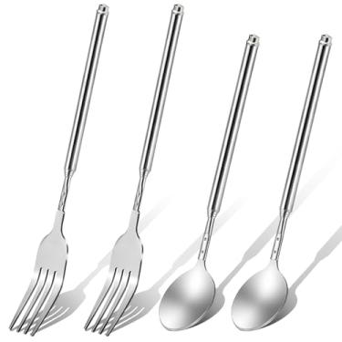 Imagem de Conjunto de 4 colheres extensíveis, garfos longos, colher telescópica de aço inoxidável estendida para churrasco, jantar, sobremesa, salsichas, cachorros-quentes, prata de 23 a 64 cm