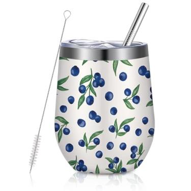 Imagem de Geiserailie Copo de vinho de aço inoxidável de mirtilo de 340 g com tampa e canudo copo de vinho isolado primavera verão caneca de café para primavera, bebidas quentes e frias, chá de bebê, viagem