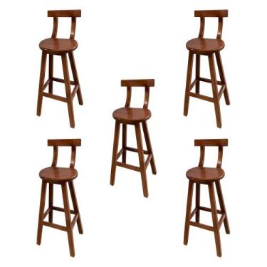 Imagem de Kit 5 Bancos Altos Bistrô de Madeira com Encosto Girafa Ideal para Bar