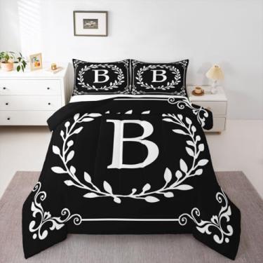 Imagem de Erosebridal Conjunto de cama King com letra B em preto e branco, presentes personalizados para mulheres e homens, boêmio, folhas florais, edredom, ramos minimalistas, colcha com 2 fronhas