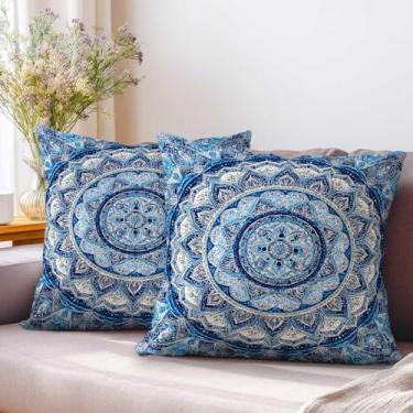 Imagem de YucZiken Conjunto de 2 capas de almofada mandala azul 45,7 x 45,7 cm | Capas de almofada decorativas Boho para sofá, sala de meditação e quarto | Fronhas complexas para decoração de casa
