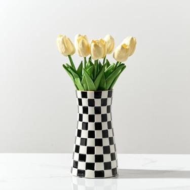 Imagem de SIDUCAL Elegante vaso de cerâmica xadrez preto e branco – Vaso de flores de decoração de casa moderno para sala de estar, escritório, sala de jantar, prateleira, entrada, casamento, mesa