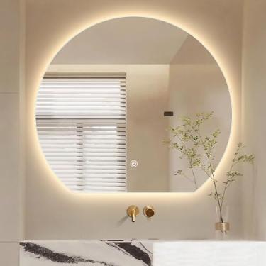 Imagem de Espelho de banheiro com luz LED, espelho de parede para banheiro com demissor, espelho de parede iluminado, regulável em 3 cores, espelho de penteadeira, para banheiro, quarto, entrada (cor: R,