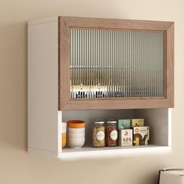 Imagem de Armário de medicamentos de madeira branca com porta de vidro - Armazenamento de parede para cozinha e banheiro, organizador sobre o vaso sanitário, suporte de exibição de madeira suspenso, ideal para