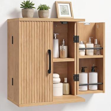 Imagem de YATINEY Armário de parede de banheiro canelado, armário de remédios de fazenda com 2 portas, organizador de armazenamento sobre o vaso sanitário, armários de cozinha montados na parede, para banheiro