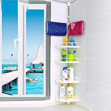 Imagem de Poste de tensão de canto de armazenamento de chuveiro de banheiro, 4 andares, prateleira, organizador de varão, com barra de toalha