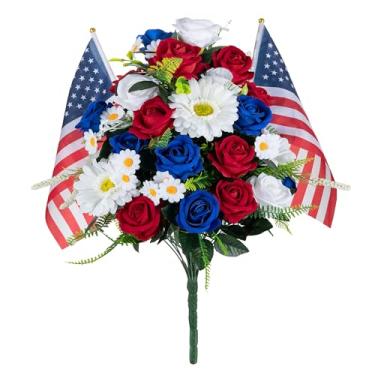 Imagem de Memobloom Flores do Memorial Day para cemitério: 1 buquê de rosas grandes de veludo vermelho branco e azul com bandeiras para veteranos - Decorações de túmulos ao ar livre - Flores artificiais de