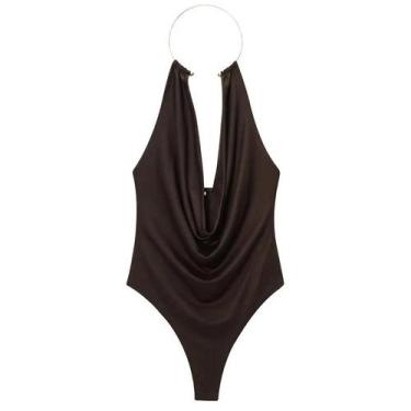 Imagem de Body Marrom Halter Neck Sem Costas Franzido Para Mulheres, Peça Única 