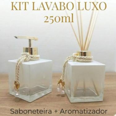 Imagem de Kit Lavabo Vidro 250Ml Branco Porta Sabonete Válvula Luxo e Difusor Va