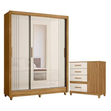 Imagem de Guarda Roupa Casal Bolívia e Cômoda Vênus com Pés Freijó Off White – Moval