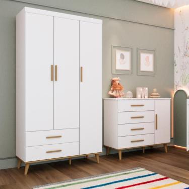Imagem de Quarto Bebê Retrô Ludmila Cômoda Infantil Fraldário Guarda Roupa 3 Portas 100% MDF Branco Carolina Baby