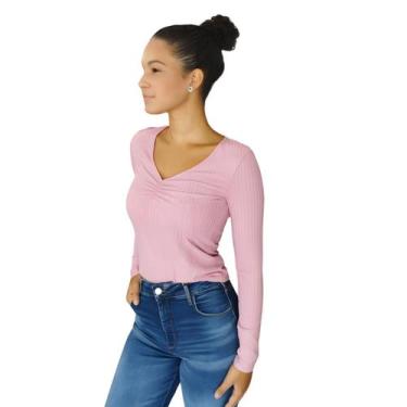 Imagem de Blusa Feminina Canelada Manga Longa Busto Franzido Lunender, Rosa, M