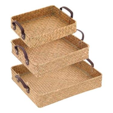 Imagem de Kit 3 bandejas decorativa para servir fibra natural homeco - NH
