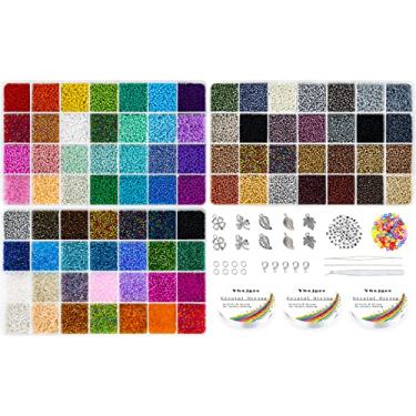 Imagem de Ybxjges 42000 peças de contas de vidro de 2 mm 12/0 pequenas contas pequenas com 150 peças de contas de letras do alfabeto, pingentes, pingentes, anel de salto, cordão elástico para pulseiras faça