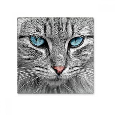 Imagem de Azulejo de cerâmica brilhante de gato cinza com olho selvagem de olho azul