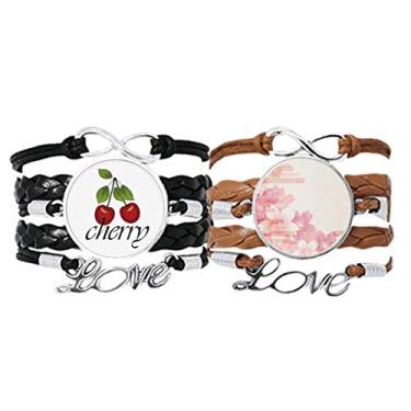 Imagem de DIYthinker Sakura Flower pulseira japonesa rosa padrão pulseira de mão corda de couro cereja conjunto duplo