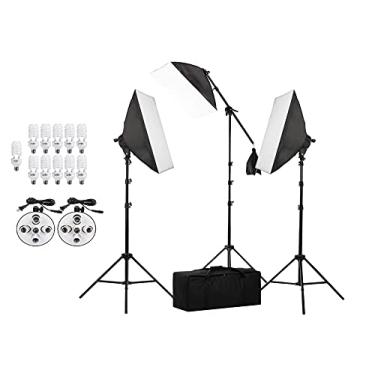 Imagem de Kit de iluminação de estúdio com 3 softbox: 2x 60x90 e 1x 50x70, 1 girafa, 2 iluminadores de 5 soquetes E27, 1 de 1 soquete, 11 lâmpadas de 45W 3 tripés e bolsa