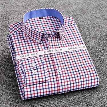 Imagem de Camisa masculina listrada xadrez Oxford manga longa confortável respirável gola botão design slim fit vestido masculino Y-2 vermelho azul, 42 - 3GG
