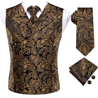 Imagem de BoShiNuo Conjunto de 4 peças slim colete gravata lenço abotoaduras seda masculino colete pescoço conjunto para terno vestido casamento Paisley Floral Coletes, 0055, X-Large
