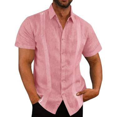 Imagem de Eymitory Camisa masculina de manga curta Guayabera cubana de linho algodão camisa abotoada verão praia tops, rosa, G