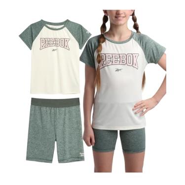 Imagem de Reebok Conjunto de shorts ativos para meninas – 2 peças de camiseta de desempenho de ajuste seco e shorts de bicicleta – Roupas esportivas de verão para meninas (7-12), Trek Green, 10