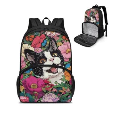 Imagem de Tomeusey Mochila térmica para almoço com compartimento para refeições, mochila casual de caminhada com bolsos laterais para garrafa, Gato floral