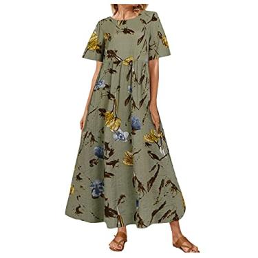 Imagem de Vestido feminino de linho de verão vintage plus size casual boho floral vestido longo manga curta gola redonda vestido de férias na praia, G - verde, Medium Plus