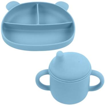 Imagem de Kit Prato Bebê Bowl Tigela Silicone Bebê + Copo Alças E Bico (Azul)