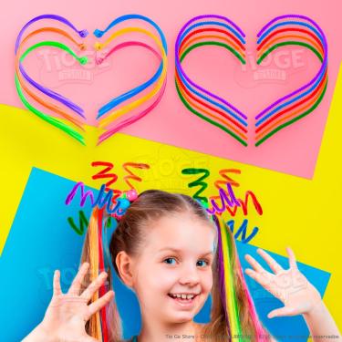 Imagem de Kit Penteado Cabelo Maluco Infantil 6 Mechas de Cabelo Sintético Coloridas + 10 Hastes Flexíveis de Pelúcia Arco-íris