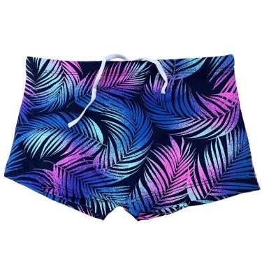 Imagem de Sunga Boxer Infantil Natação Folhas Azul Roxa Proteção Uv Praia Piscina Nadar Banho