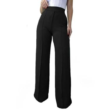 Imagem de Calça Pantalona Alfaiataria Feminina Social Tecido Wide Leg Cor:Preta;Tamanho:M