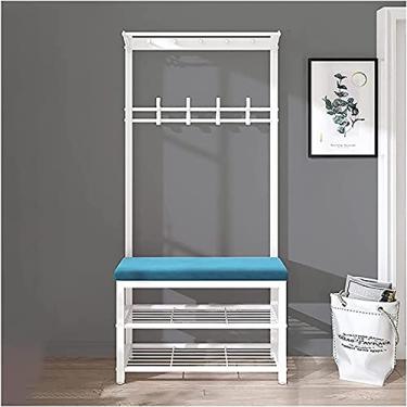 Imagem de Banco de entrada com cabideiro, banco de armazenamento de árvore 3 em 1, cabideiro, banco de sapatos com ganchos, sapateira, almofada de veludo, fácil de montar