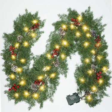 Imagem de PALONMY Guirlanda de Natal com luzes guirlanda de pinho de cipreste pré-iluminada de 1,8 m, guirlandas de pinha, bagas vermelhas e nevadas, decorações de Natal para escadas, lareira de varanda interna