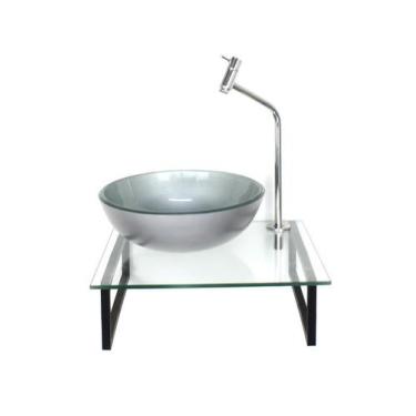 Imagem de Kit cuba de vidro redonda 10mm prata tampo 40cm incolor com suporte to