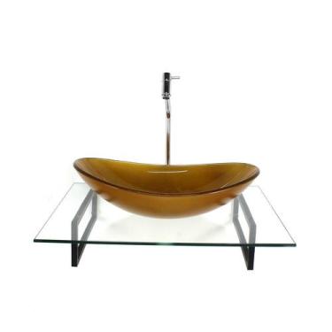 Imagem de Kit cuba de vidro oval dourado real com tampo 60cm incolor e suporte t