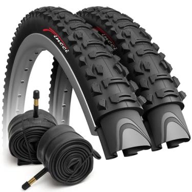 Imagem de Fincci Conjunto de 26 x 1,95 polegadas 53-559 pneus dobráveis com válvula Schrader tubos internos para bicicleta híbrida de montanha MTB (pacote com 2)